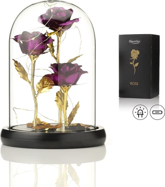 Luxe Roos in Glas met LED – 3x Gouden Roos in Brede Glazen Stolp – Moederdag - Cadeau voor vriendin moeder haar - Paars 3x Roos Brede Stolp – Qwality