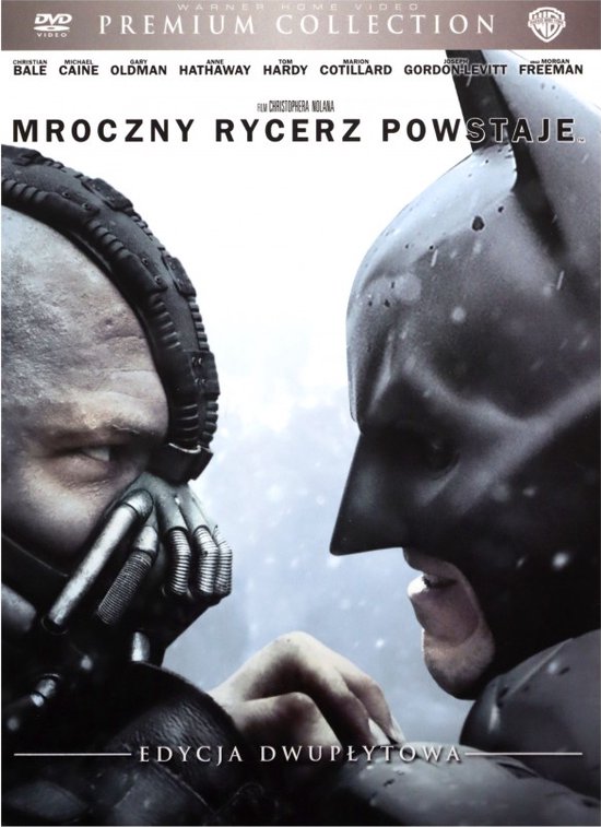 DVD-hoes: Batman kijkt naar Bane. Tekst: "DUistere Ridder Verrijst". "EDITIE MET TWEE SCHIJVEN".