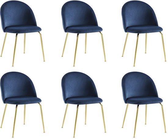 Set van 6 stoelen MELBOURNE - Fluweel en goudkleurig metaal - Blauw L 50 cm x H 77 cm x D 55 cm