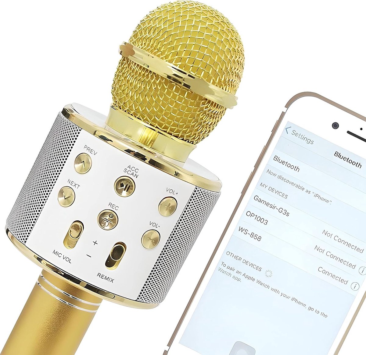 Microphone karaoké Bluetooth sans fil doré 2 en 1 avec haut