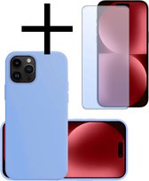 Hoes Geschikt voor iPhone 15 Pro Hoesje Cover Siliconen Back Case Hoes Met Screenprotector - Lichtblauw