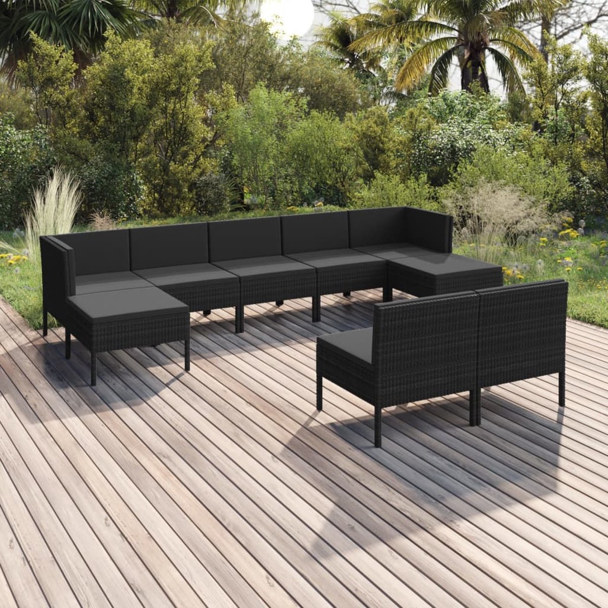 The Living Store 9-delige Loungeset met kussens poly rattan zwart - Lounge Set - Tuinset - Loungestoel - Buitentijnen - Tuinmeubels