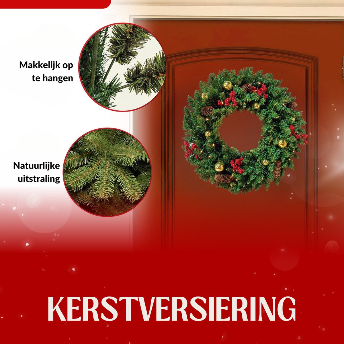 Buxibo PVC Kerstkrans met LED-verlichting, Dennenappels, Rode Bessen en Kerstballen - Met 30 lampjes op batterijbox - 110 takken - 40cm - – foto 6
