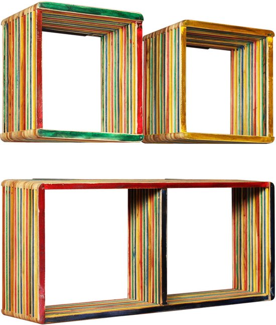 Ensemble d'étagères murales The Living Store - Bois de teck recyclé - Multicolore - 81 x 22 x 41 cm et 31 x 22 x 31 cm - Comprend 3 étagères et 3 supports de montage
