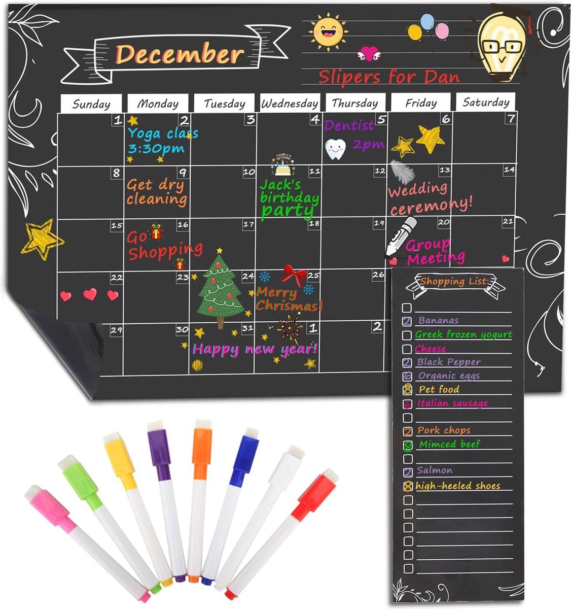 Magnetische Drooguitwisbare Maandkalender voor Koelkast - 16"x12" Planner met Boodschappenlijst en 8 Markers