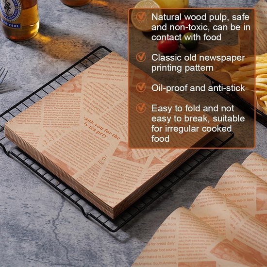 Hejo 100 vetvrije papiervellen, 33 x 23 cm milieuvriendelijke oliebestendige papieren, oude krantendrukstijl, goed ideaal voor brood, sandwich, hamburger, frietjes, voedselcadeauverpakking, bakken