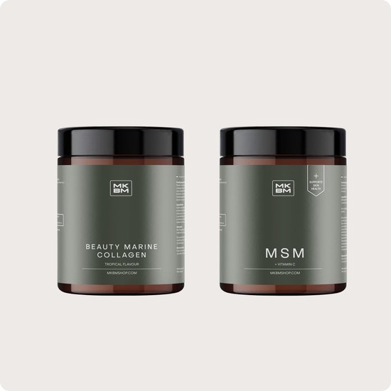 Twee potten met MKBM logo op een grijze achtergrond. Links 'Beauty Marine Collagen Tropical Flavour', rechts 'MSM + Vitamin C'.