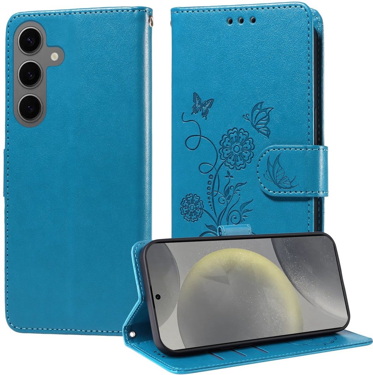 Mobigear Telefoonhoesje geschikt voor Samsung Galaxy S24 FE Hoesje | Mobigear Flowers Bookcase Portemonnee | Pasjeshouder voor 3 Pasjes | Telefoonhoesje voor Pinpas / OV Kaart / Rijbewijs - Blauw