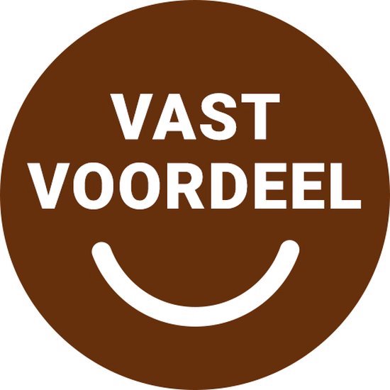 Bruin rond label met witte tekst 'VAST VOORDEEL' en een lachende mond.