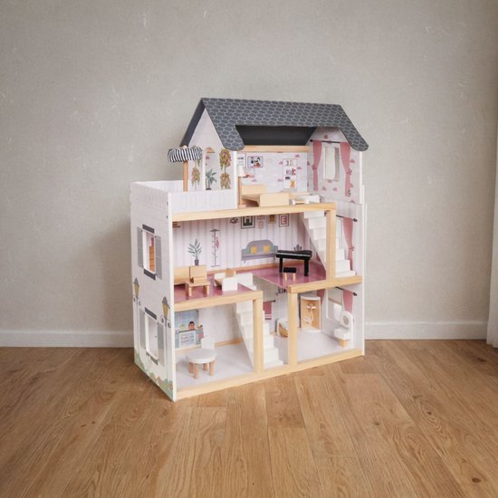 Houten Poppenhuis met Meubels - Dollhouse van Hout - Kinderspeelgoed voor Jongens en Meisjes - 79 Onderdelen en Accessoires - 70 cm