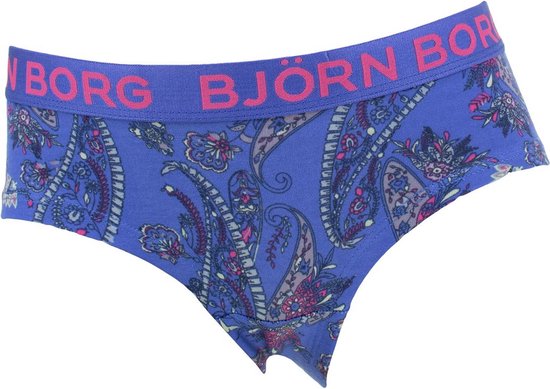 Blauwe hipster met paisley print en roze logo op de tailleband.