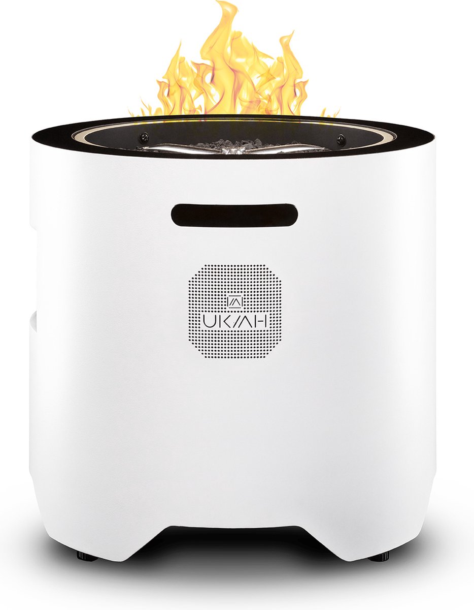 Ukiah Voyager Wit Tuinhaard – Draagbare Terrashaard met Muziekfunctie, BeatSync vlammen en Warmteregelaar – Moderne Design Vuurtafel - Terrasverwarmer Gas met ingebouwde Bluetooth speakers - buitenhaard