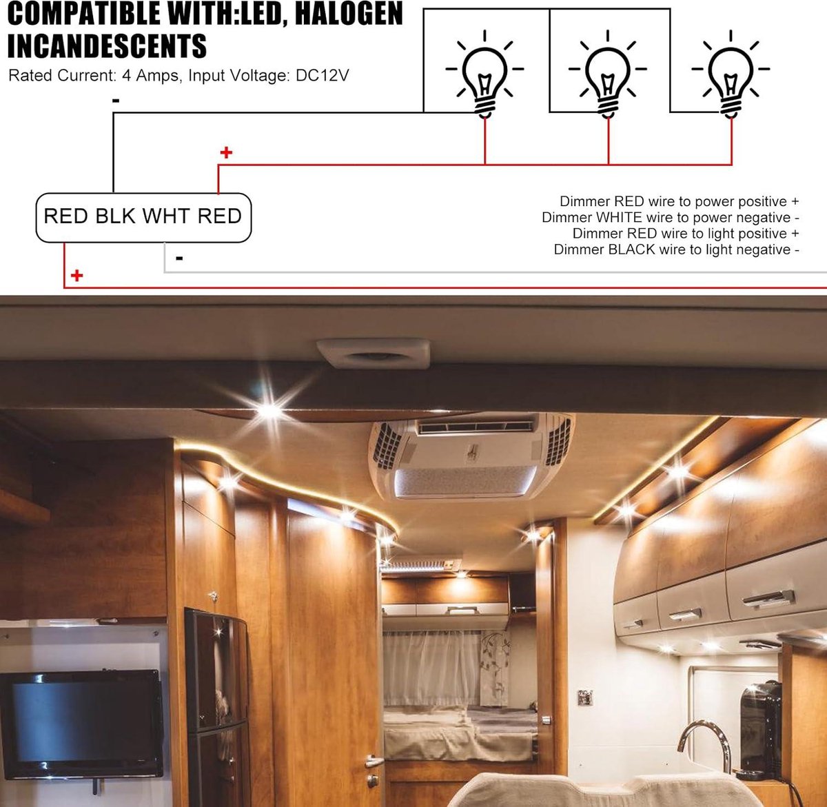 VIPMOON DC 12-24V LED dimmer PWM dimschakelaar, 5A 3 draden led dimmer met USB snel opladen QC 3.0 voor camper, boot, vrachtwagen, 12V dimbare lamp, enkele kleur LED strip, halogeenlamp