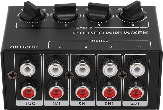 1 in 4 out audiosplitter, geluidsarme 4-kanaals stereomixer -12dB 1 in 4 out audiosplitter, geluidsarme 4-kanaals stereomixer -12dB