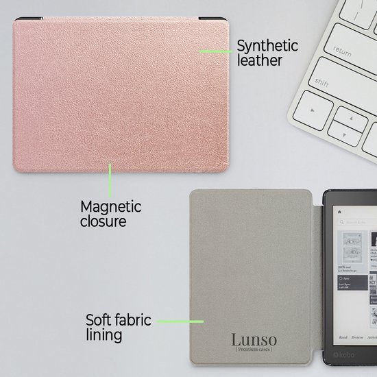 Lunso Geschikt voor Kobo Aura H20 Edition 2 hoes (6.8 inch) - sleepcover - Rose Goud - (niet voor de Kobo Aura edition 2) van Lunso — afbeelding 2