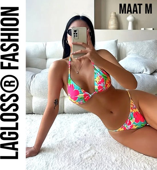 LaGloss® Bikini Floral Print V-string - Maillot de bain de plage - 2 pièces - Mode maillots de bains d'été - Taille M %%