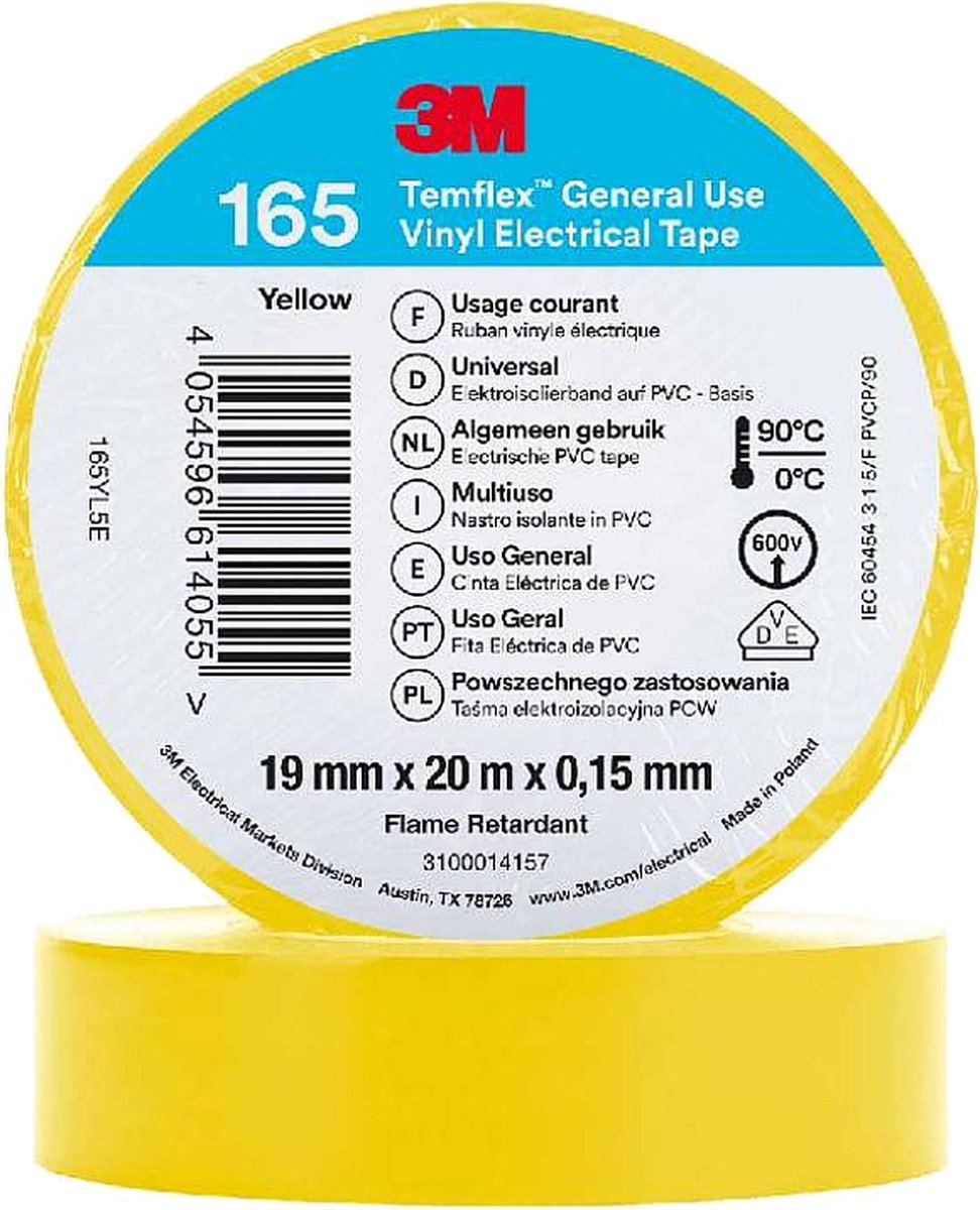 3M Isolatie Tape - 19mm breed - 0,152mm dik - 20 meter - Geel