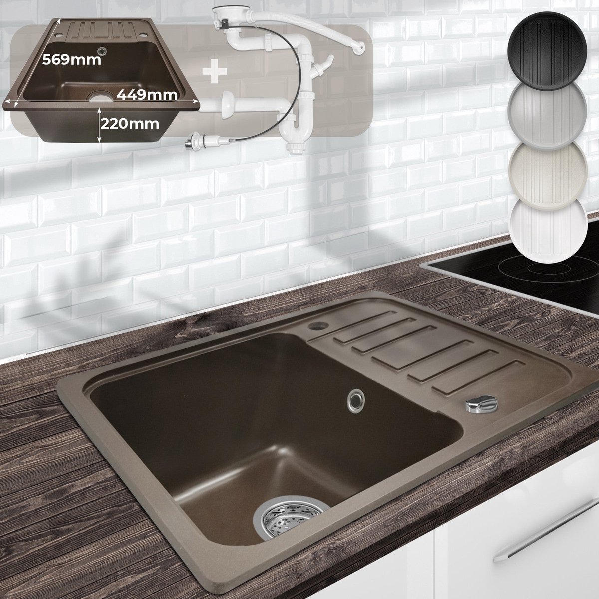 Goedkoopste Aquamarin Spoelbak - Wasbak - Graniet - Keuken - Afdruipoppervlak - 32 x 19 x 39 cm - Bruin