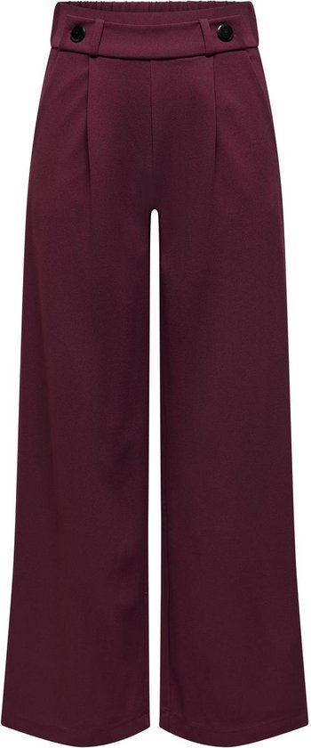 Bordeauxrode wijde broek met hoge taille, plooien en knoopsluiting.