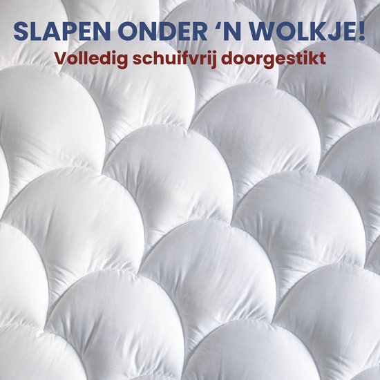 Close-up van het witte, zachte dekbed met een doorgestikt patroon van overlappende cirkels.