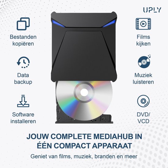 Zwarte UPLY externe DVD-speler met een CD en blauwe LED-accenten. Ideaal voor films, muziek, data backup en software installatie.