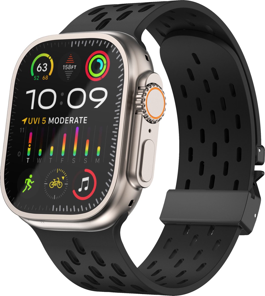 Strap-it Ademend siliconen sport bandje met parachute sluiting - geschikt voor de Apple Watch / iWatch series 1/2/3/4/5/6/8/9/10/11/SE(2-3)/Ultra(2-3) - grote maten 44mm - 45mm - 46mm - 49mm (zwart)