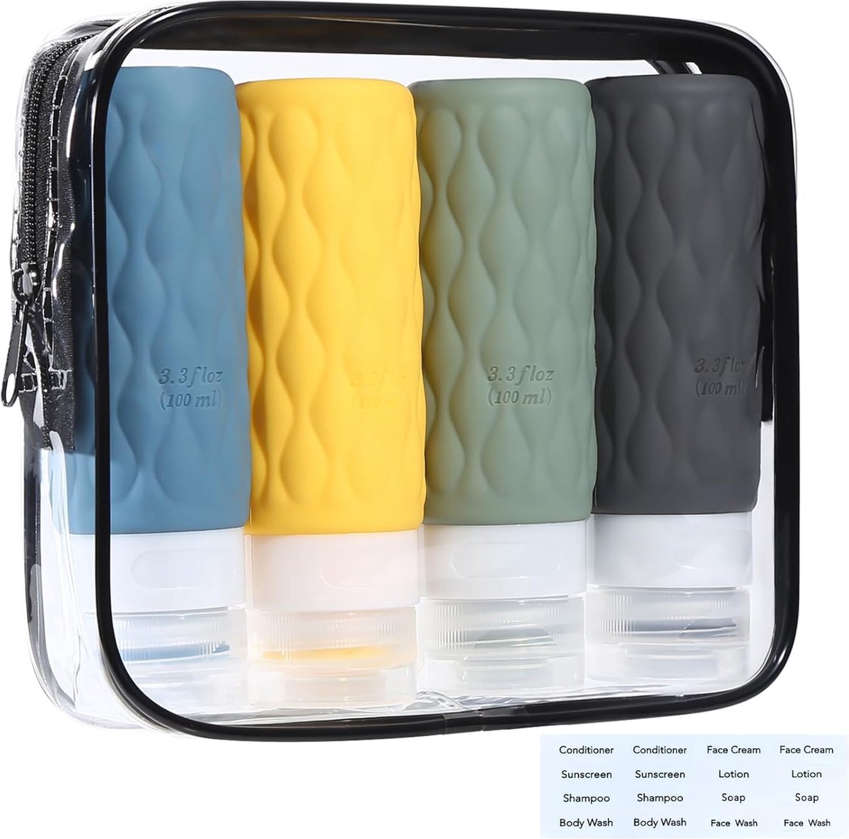 Goedkoopste Siliconen reisflessen set van 100 ml, lekvrij en navulbaar reiscontainer om te vullen, wordt geleverd met toilettas, geschikt voor het vullen van reisflessen met shampoo, douchegel en conditioner