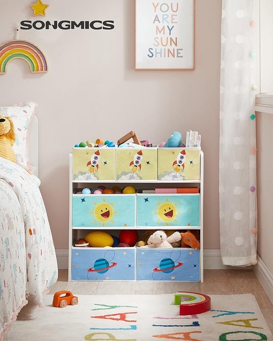 SONGMICS Speelgoedrek voor kinderen, boekenkast, met 7 opbergdozen van vliesstof, opbergkast voor kinderkamer, groot, 29,5 x 62,5 x 60 cm, wolkenwit GKR034W10