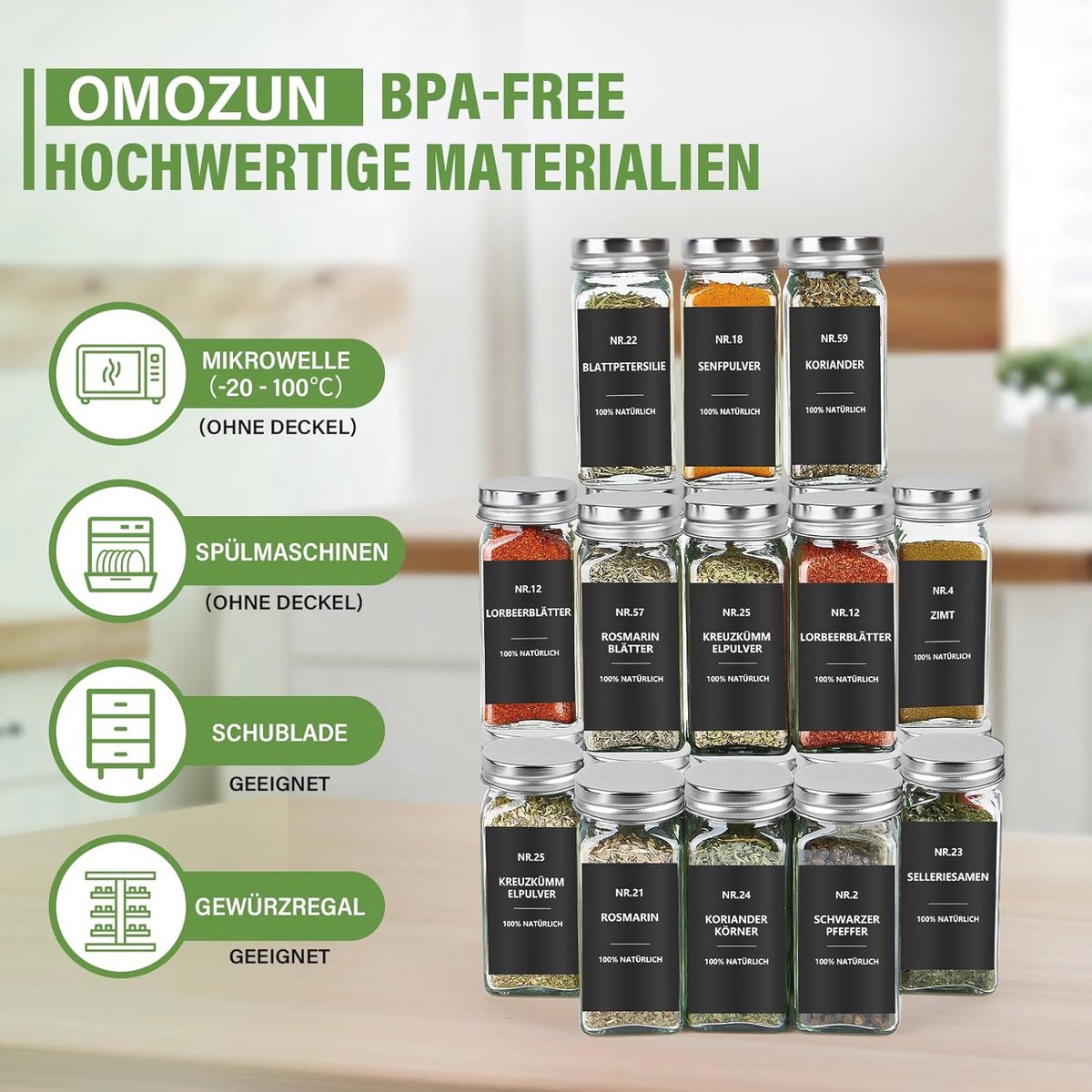 TUSEASY Kruidenpotjes, vierkant, met bamboedeksel (24 stuks, 120 ml), kruidenpotje met kruidenetiketten, Duits & strooi-inzetstuk en krijtstift, kruidenopslag, kruidenorganizer, kruidenpotjes