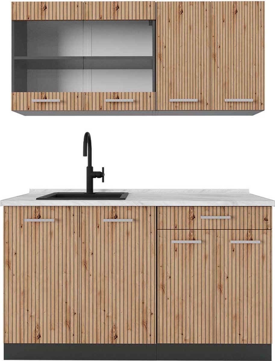 Vicco R-Line Eenpersoonskeuken – 140 cm, WB Marmer Artisanaal eiken/antraciet