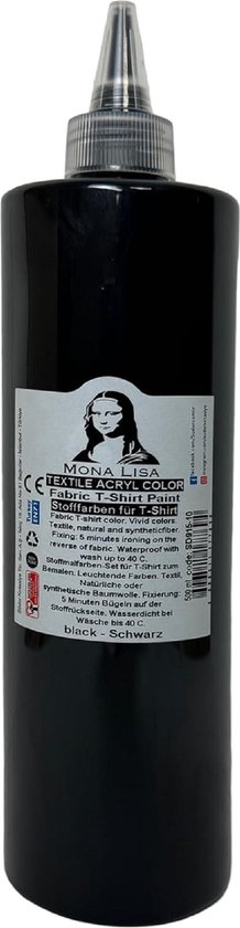 Bouteille noire de peinture textile avec une étiquette montrant une icône de Mona Lisa. L'étiquette indique: MONA LISA FABRIC T-SHIRT PAINT.