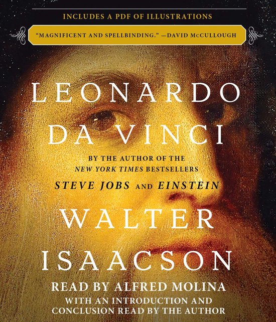 Boekcover met een portret van Leonardo da Vinci. Titel: Leonardo da Vinci, auteur: Walter Isaacson.