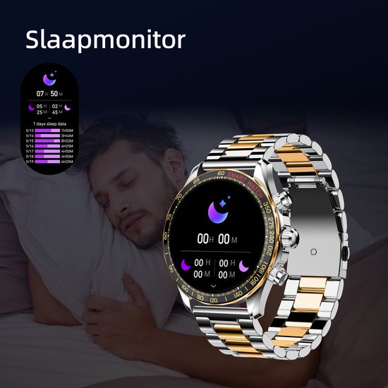 Maoo Titan AMOLED Smartwatch Heren - Special Edition - Stainless Steel en 2 TPU bandjes - Stappenteller - Hartslagmeter - Slaapmonitor - Multisport - Geschikt voor Android en iOS - Zilver en Goud