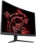 Zijdelings vooraanzicht van een gebogen zwarte MSI gaming monitor met rode draak.