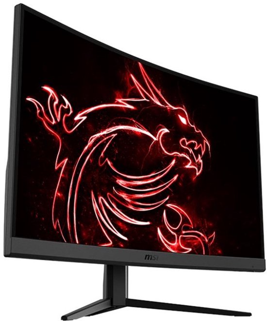 Zijdelings vooraanzicht van een gebogen zwarte MSI gaming monitor met rode draak.