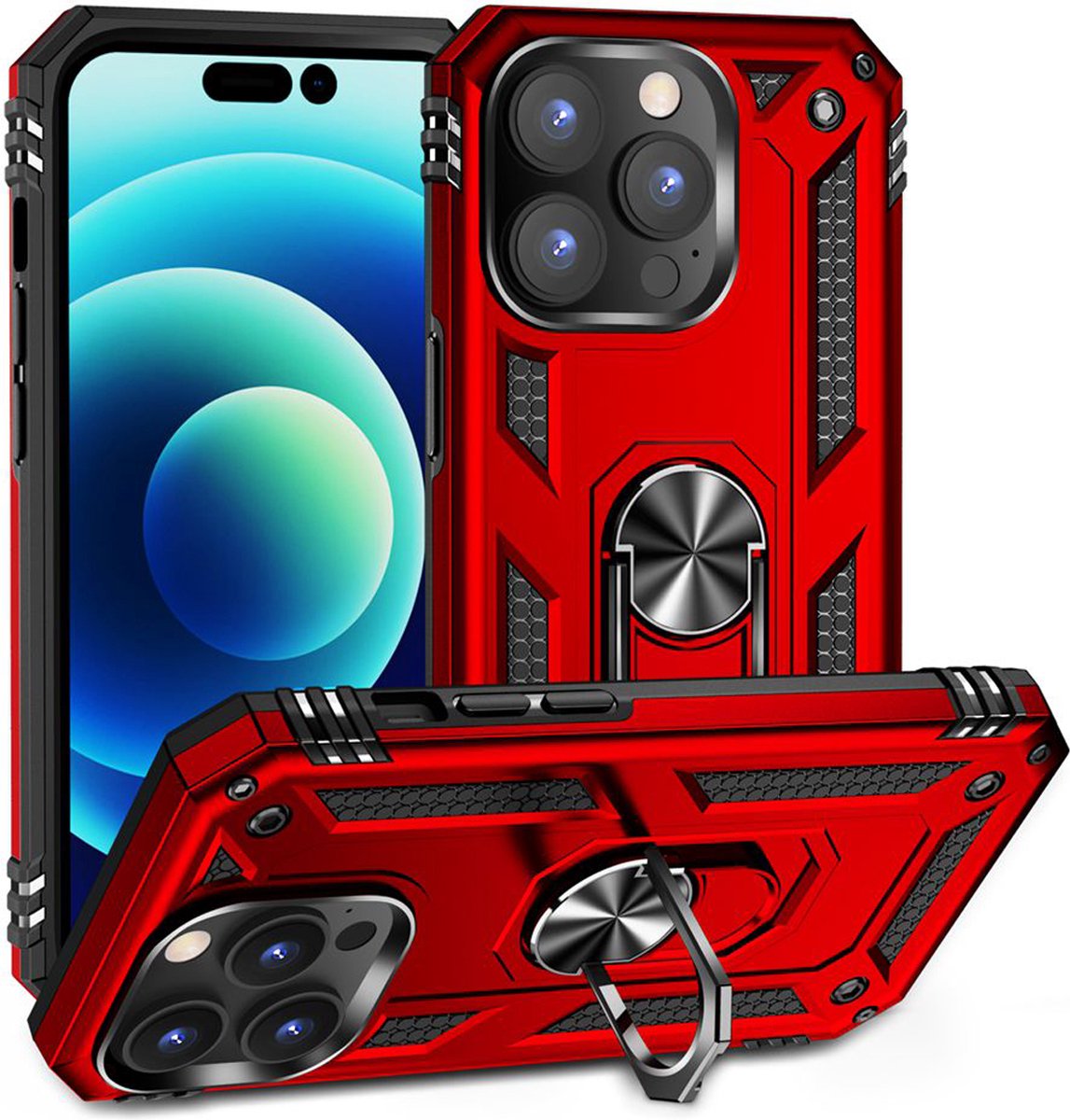 MobyDefend Hoesje - Geschikt voor iPhone 14 Pro Max - Pantsercase Met Draaibare Ring - Rood