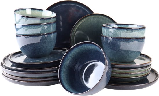 Service de vaisselle OTIX - 18 pièces - Service d'assiettes - Assiettes à petit-déjeuner - Assiettes plates - Bols à soupe - 6 personnes - Blauw - ÉBÈNE
