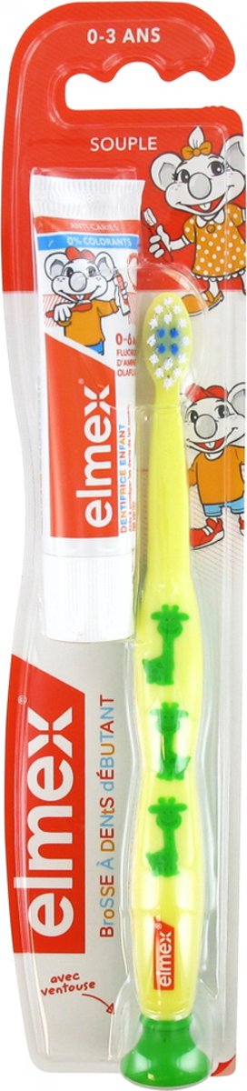 Elmex Beginner Zachte Tandenborstel 0-3 Jaar + Mini Tandpasta Anti-Caries 0-6 Jaar 12 ml (Kleur : Geel)