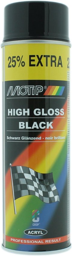 Aérosol de laque noire brillante Motip. Avec 25% de contenu en plus et un drapeau de course.