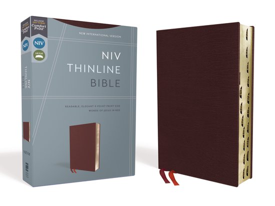 NIV Thinline Bijbel in gebonden leer, bordeauxrood, met index en rode letters editie. Inclusief twee lintleggers.