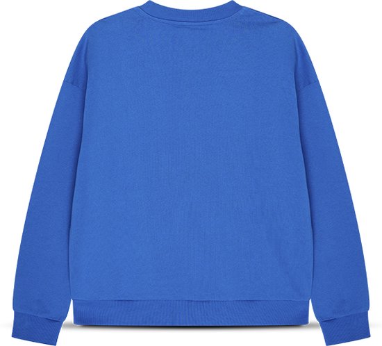 Blauwe sweater, achterkant, ronde hals, lange mouwen.
