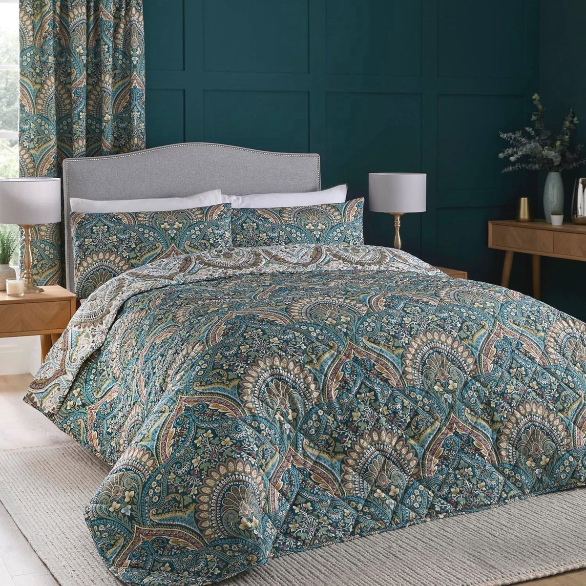 Teal Jacobean Bedsprei 230x200 cm - Zachte Microvezel Gewatteerd - Perzische Boheemse Deken met Exotische Bloemen