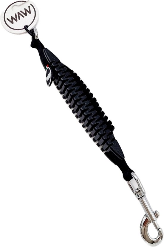 Zwarte schokdemper riem met zilveren karabijnhaak en een rond WAW logo.