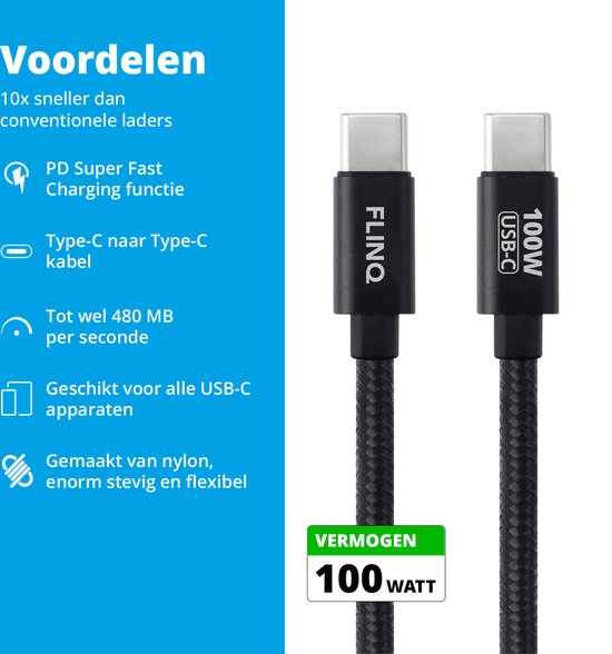 FlinQ - 2x USB C naar USB C Kabel 100W - Snellader voor Smartphone, Tablet - Zowel Datakabel als Oplader - 2 Meter Lange Nylon Oplaadkabel