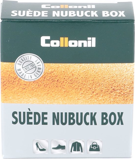 Collonil Suèede Nubuck Box verpakking met afbeelding van suède, schoenen, jas en tas.
