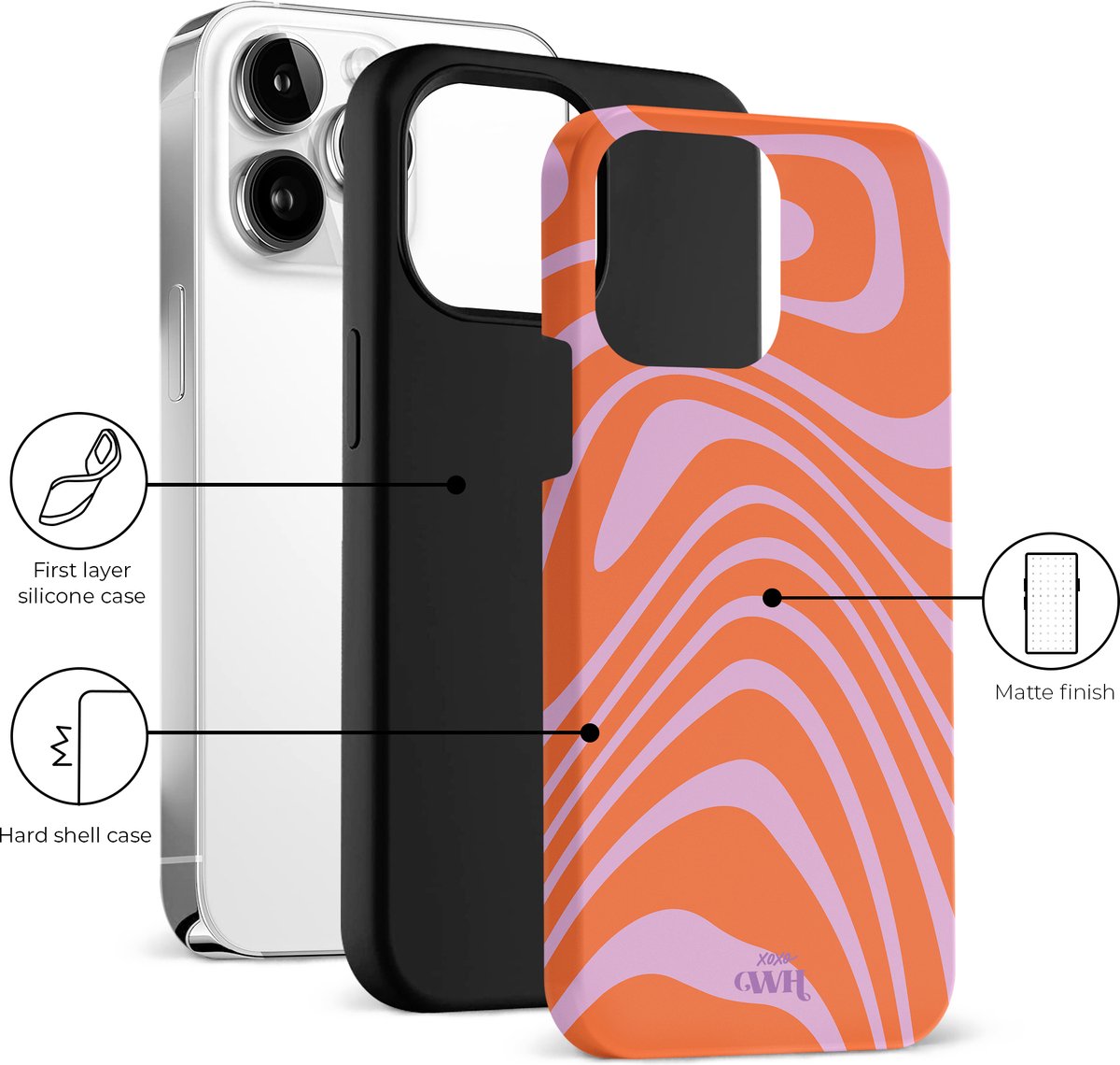 iPhone 16 Plus hoesje met AirPods 3 case set – xoxo Wildhearts Boogie Wonderland Orange, dubbel laag, schokbestendig, golvend patroon - Afbeelding 5