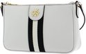 Offwhite schoudertas met verticale zwarte, witte en gouden strepen en DKNY logo.