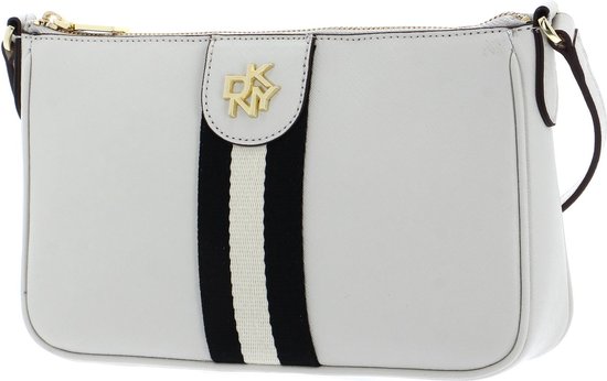 Offwhite schoudertas met verticale zwarte, witte en gouden strepen en DKNY logo.