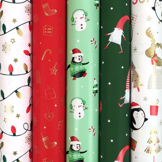 Papier cadeau WINTERGLOW - Papier d'emballage de Noël pour Noël - 200 x 70 cm - 5 rouleaux