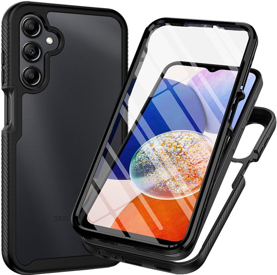 Zwarte Samsung Galaxy A15 360 Defense Case, met een glazen screenprotector en een matzwarte achterkant.